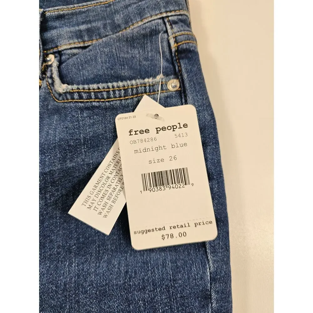 NWT free people midnight blue destroyed mid rise blue jeans 26